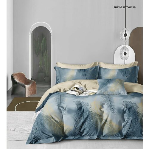 КПБ Сатин 2-сп с Евро простыней, 100 % хлопок, бежево-голубой