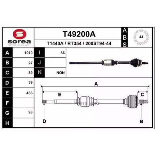 EAI GROUP T49200A _привод правый! 1010mm D44 ABS\ Renault Espace III 2.2DCi G9T710 00-02