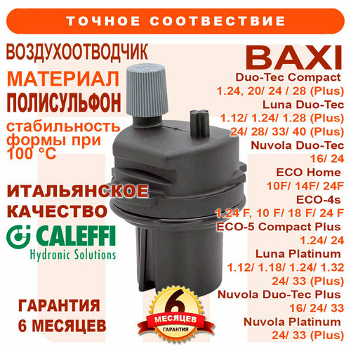 Воздухоотводчик CALEFFI с крылышками BAXI Duo-Tec Compact, Luna Duo-Tec, Nuvola Duo-Tec, ECO Home, ECO-4s, ECO-5 Compact Plus, Luna Platinum, Nuvola Duo-Tec Plus, Nuvola Platinum 710493600 воздухоотводчик автоматический для котлов baxi eco home eco 4s art 710493600