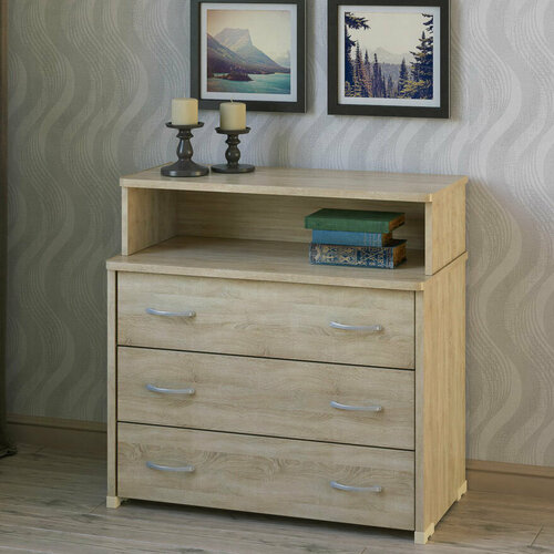 Широкий комод с 3 ящиками и открытой полочкой МагМебель ТмКМ-3Н дуб сонома