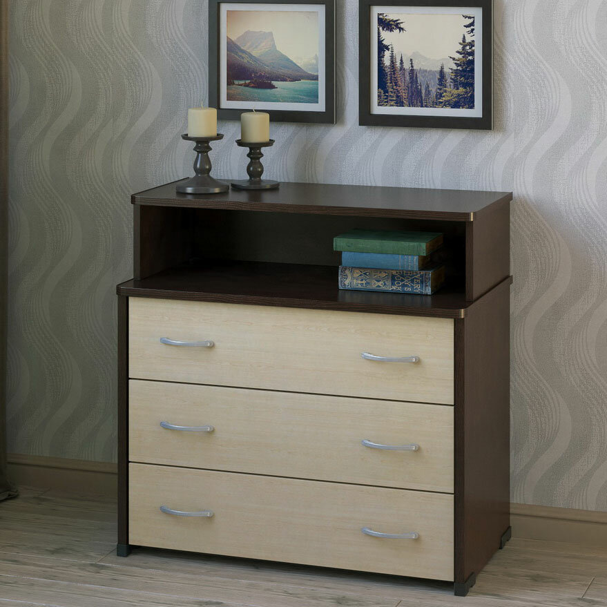 фото Широкий комод с 3 ящиками и открытой полочкой МагМебель ТмКМ-3Н венге, дуб молочный