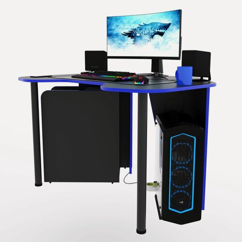 Изображение товара Угловой компьютерный стол "Угол" с тумбой, 140x87x75 см, чёрный с синей кромкой