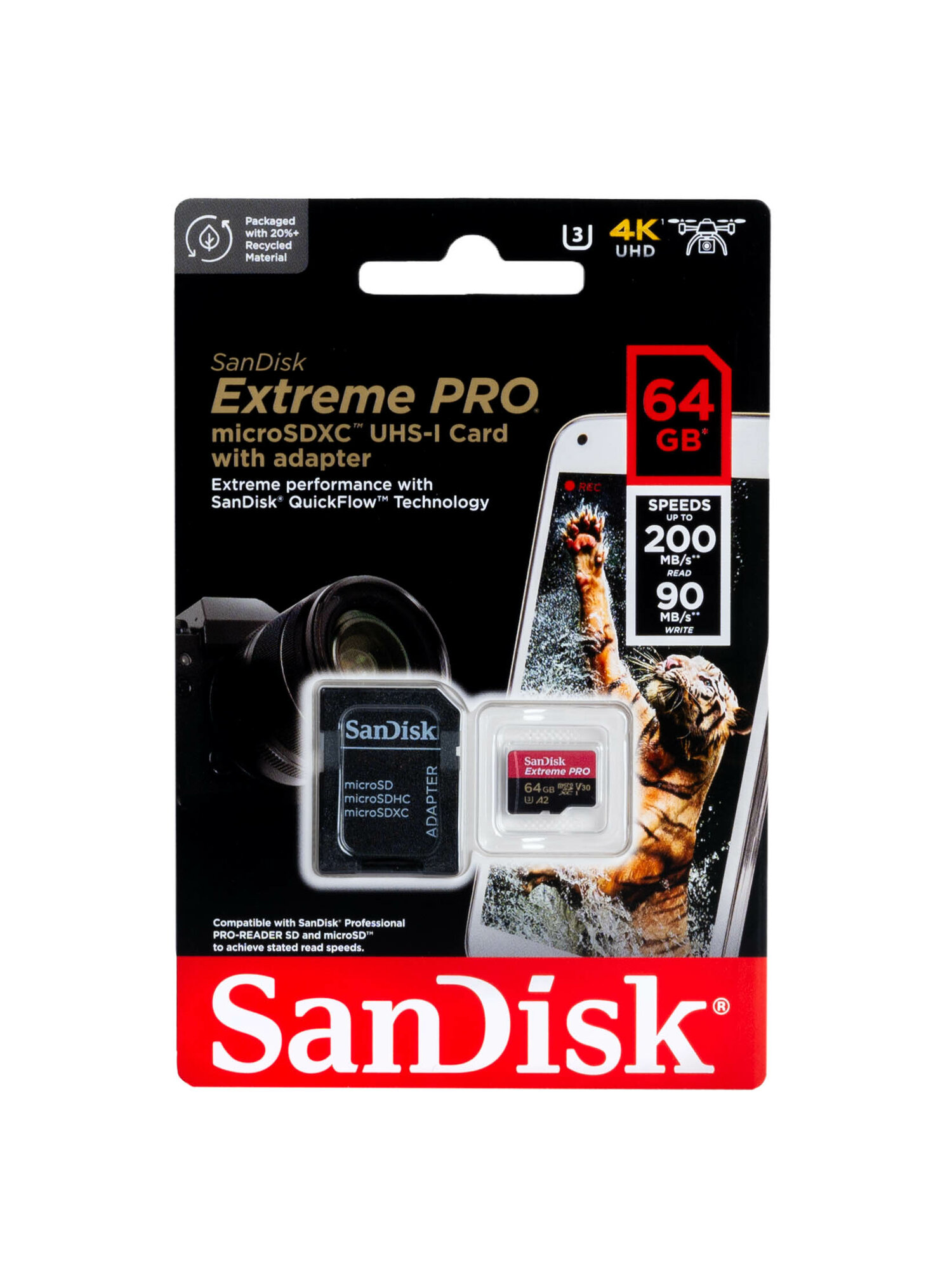 Карта памяти SanDisk Extreme PRO microSDXC 64 ГБ Class 10 UHS-I U3, V30, A2 (R/W 200/90 Mb/s) + SD адаптер