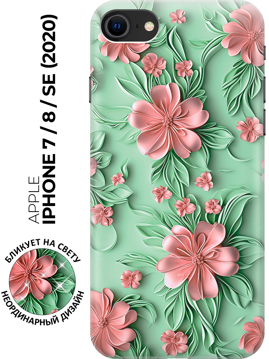 Силиконовый чехол на Apple iPhone SE (2022) / SE (2020) / 8 / 7 с принтом "Розовые цветы на мятном фоне"
