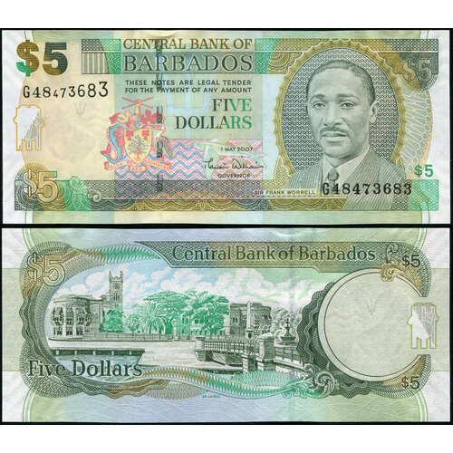 Банкнота. Барбадос 5 долларов. 1.05.2007 UNC. Кат. P.67a банкнота номиналом 5 долларов 1975 года барбадос