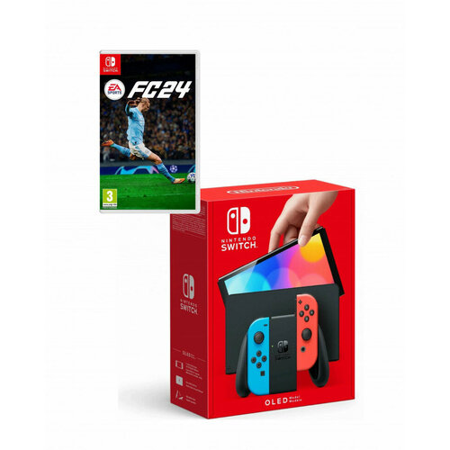 игровая приставка nintendo switch oled 64 гб white fc 24 switch Игровая приставка Nintendo Switch OLED 64 ГБ+Игра FC 24(красно-синий неон)