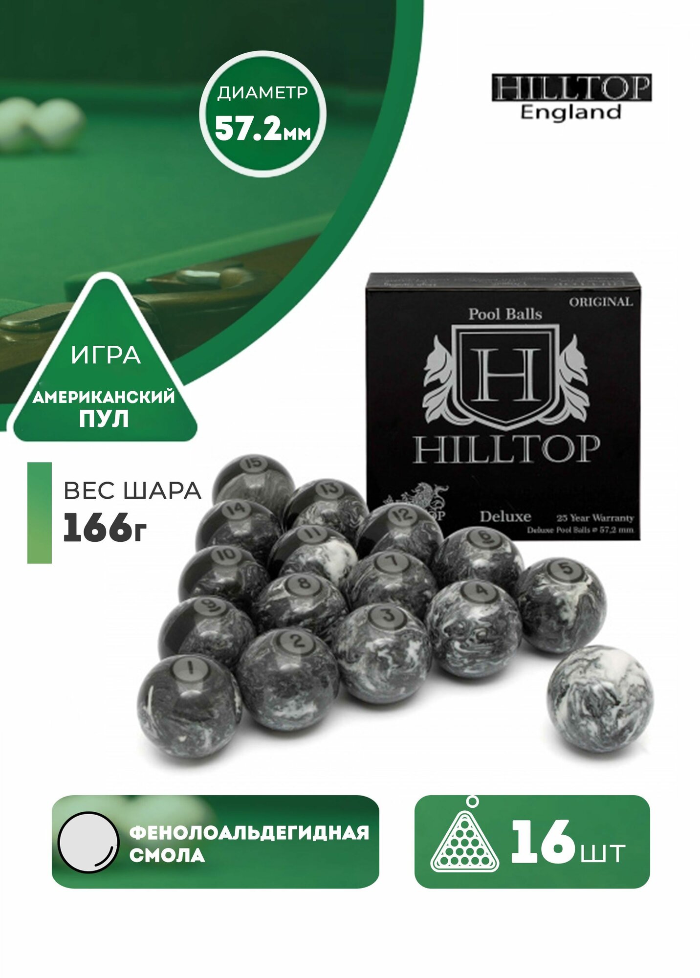 Бильярдные шары для американского пула Hilltop 57,2 мм (эксклюзивная серия)