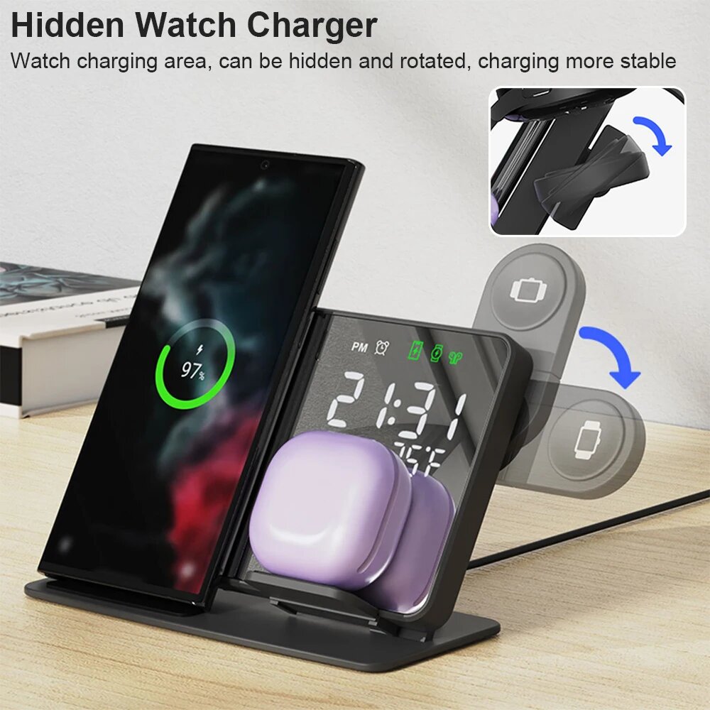 Беспроводное зарядное устройство 3 в 1 для Samsung Galaxy Watch 6 5 Pro, станция для быстрой зарядки для Galaxy S23, S22, S21, будильник, зарядные устройства, подставка, Black — фото 1