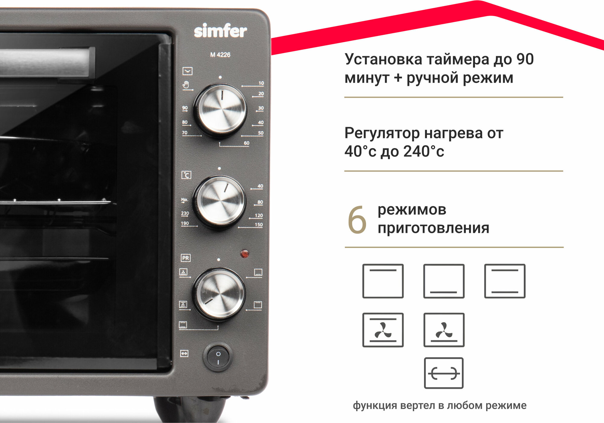 Мини-печь Simfer, 6 режимов, конвекция, вертел, 42 литра, 2 противня + хромированная решетка, подсветка, эмалированная внутренняя поверхность — фото 1