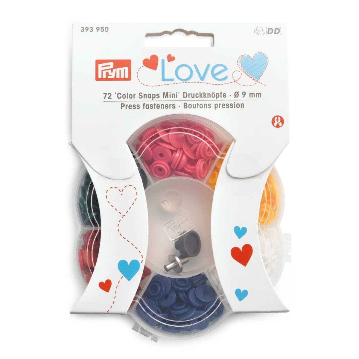 Кнопки PRYM "Love", Color Snaps, Mini, 9 мм, с установочным инструментом, 393950, 72 шт, 6 цветов в боксе