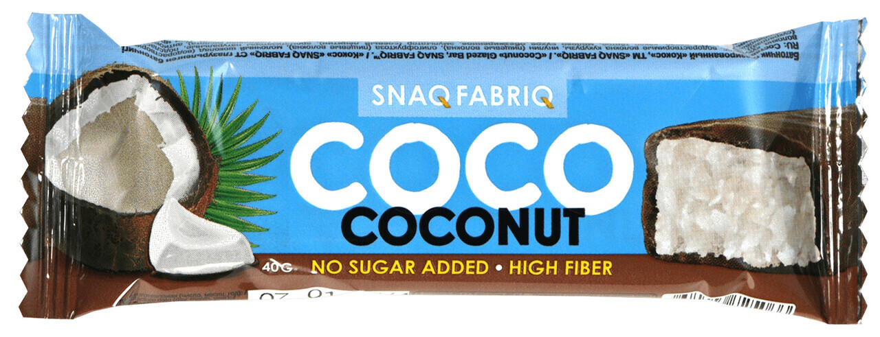 Snaq Fabriq, Батончик кокосовый в шоколаде без сахара, упаковка 30шт по 40г (Кокос)