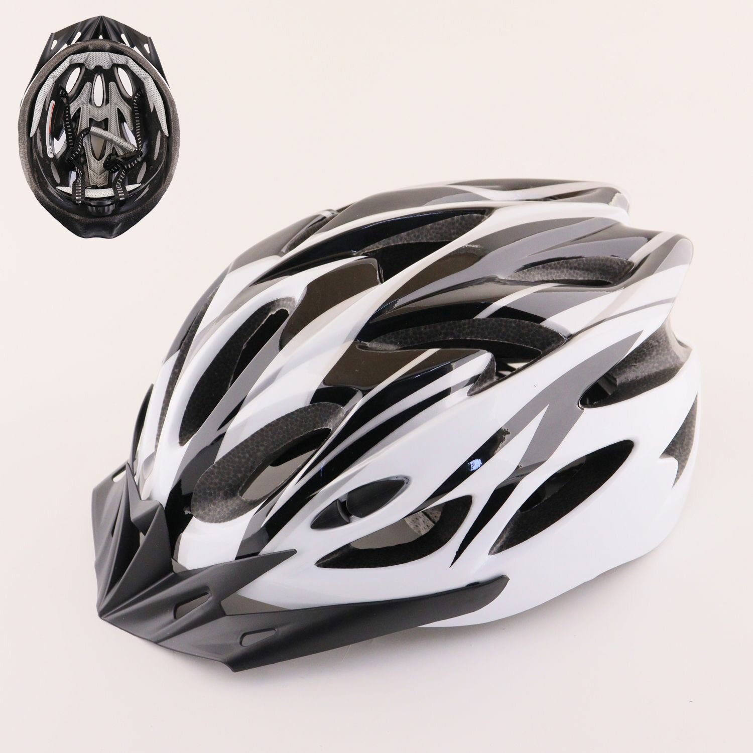 Шлем велосипедный (глянцевый, size: L (57-62см) серо-черный, +козырек)