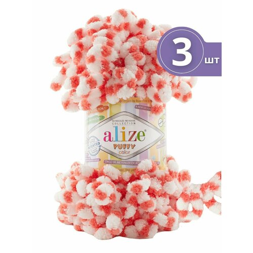Плюшевая пряжа Alize Puffy Color (Ализе Пуффи Колор) - 3 мотка 6495 Белый /коралл Микрополиэстер - 100% 100г/9м