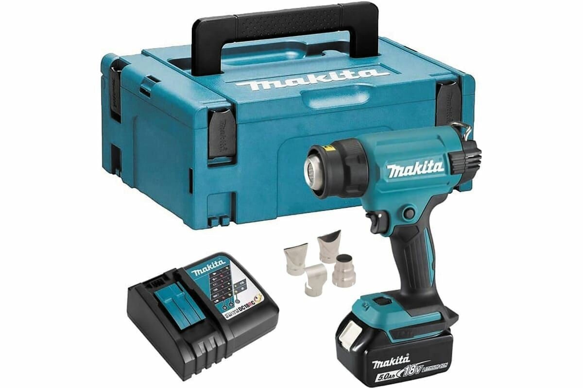 Фен строительный аккумуляторный MAKITA DHG181RT1J, 18В, 550 град, MakPac, насадки (5.0Ач х1, з/у)