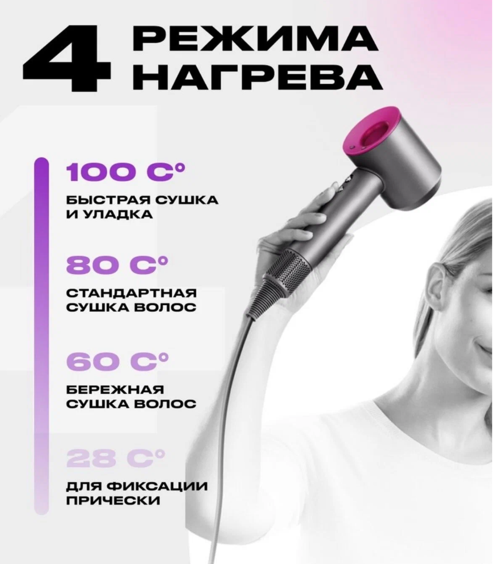 Фен для волос Super Hair Dryer профессиональный / Стайлер для укладки / Набор для укладки волос, 5 насадок — фото 1