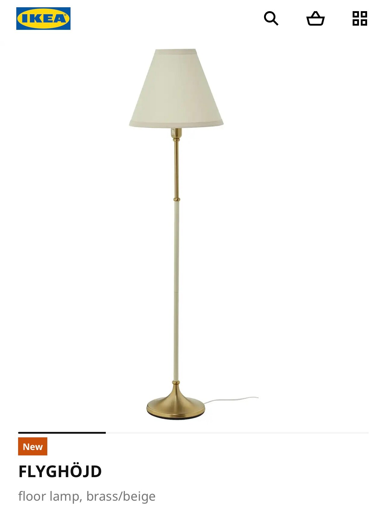 Торшер IKEA FLYGHÖJD , напольный, латунный/бежевый , высота 143 см