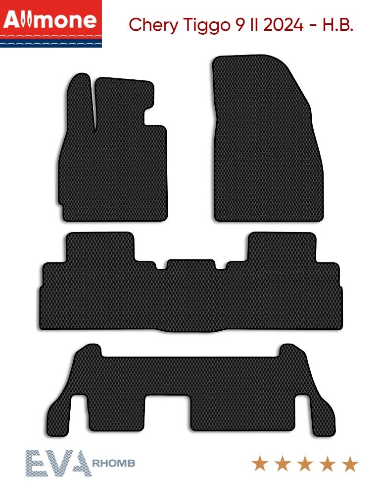 Коврики в салон ЭВА Allmone для Chery Tiggo 9 2 (suv) 2024 - Н. В. задний цельный, черные, 4шт. / Чери Тиго 9 2