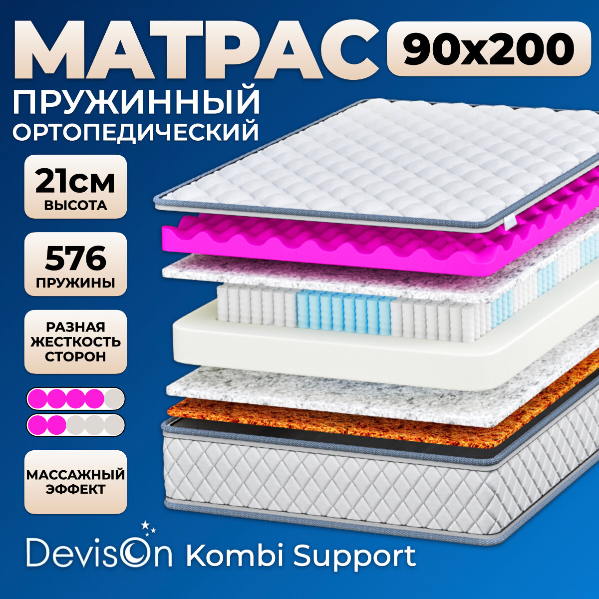 Матрас 90х200 ортопедический пружинный для кровати Devison Kombi Support высота 21 см