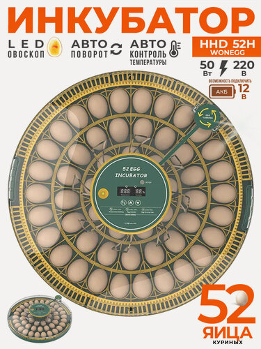 Изображение товара Инкубатор HHD 52H WONEGG автоматический для яиц 220В/12В от сети и аккумулятора, с овоскопом