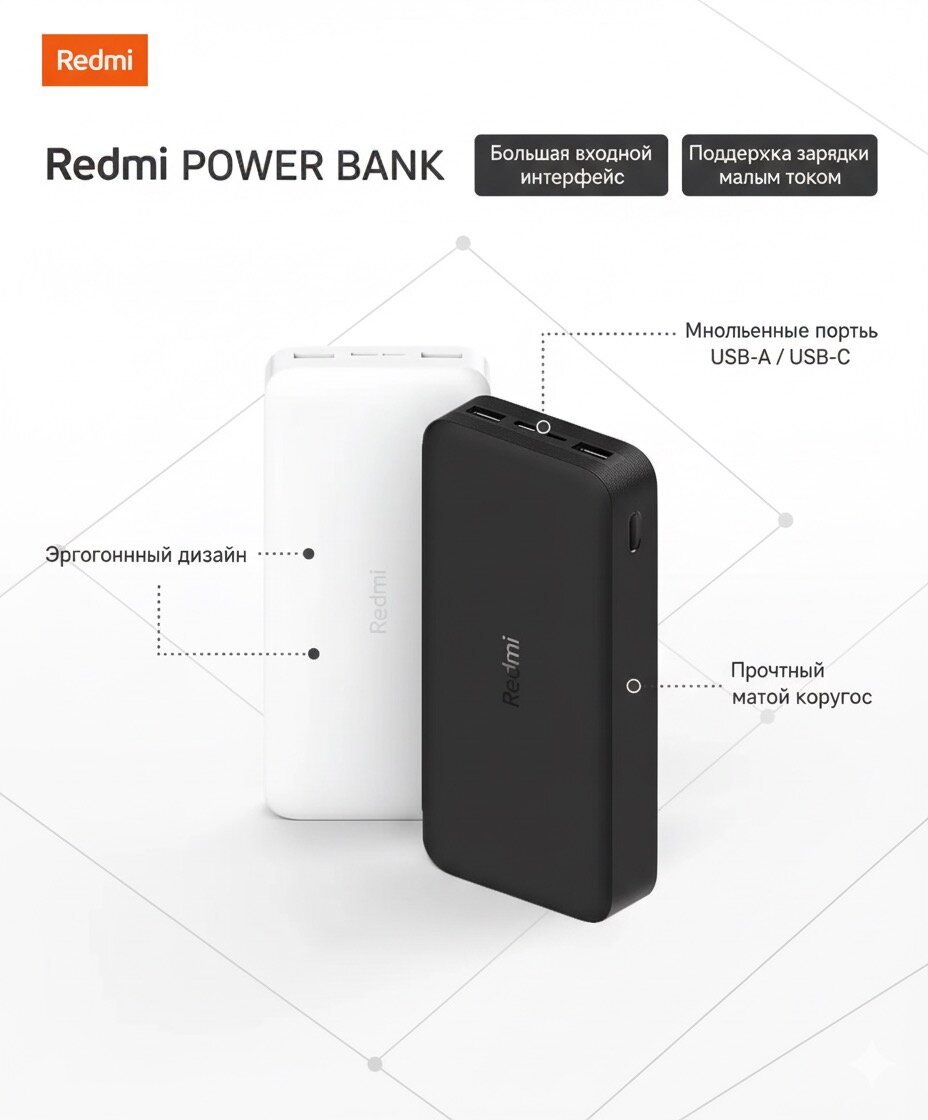 Redmi Power Bank 20000 мА·ч | Быстрая зарядка 18 Вт | 2 выхода USB | Вход Type-C + Micro USB