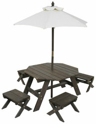 Детская садовая мебель (4 скамьи, стол-пикник, зонт), коричневый 20304_KE