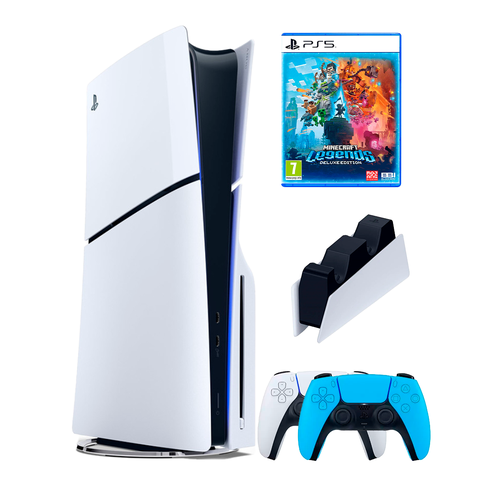 PS5 (ПС5) Игровая приставка Sony PlayStation 5 Slim disc + 2-й геймпад(голубой) + зарядное + игра Minecraft