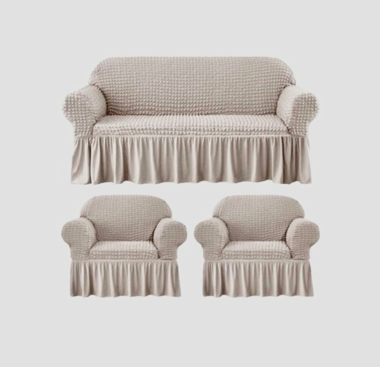 фото Комплект на диван и 2 кресла с оборкой, универсальный чехол на диван, натяжные чехлы.