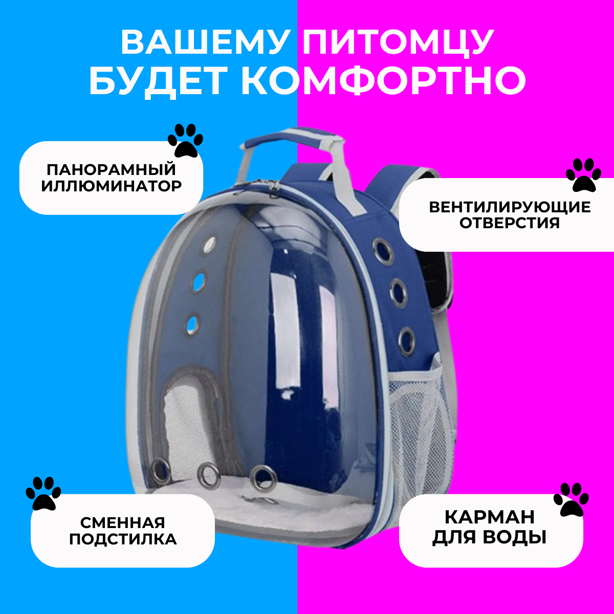 Рюкзак переноска для кошек и собак с панорамным видом (синий) - фотография № 2