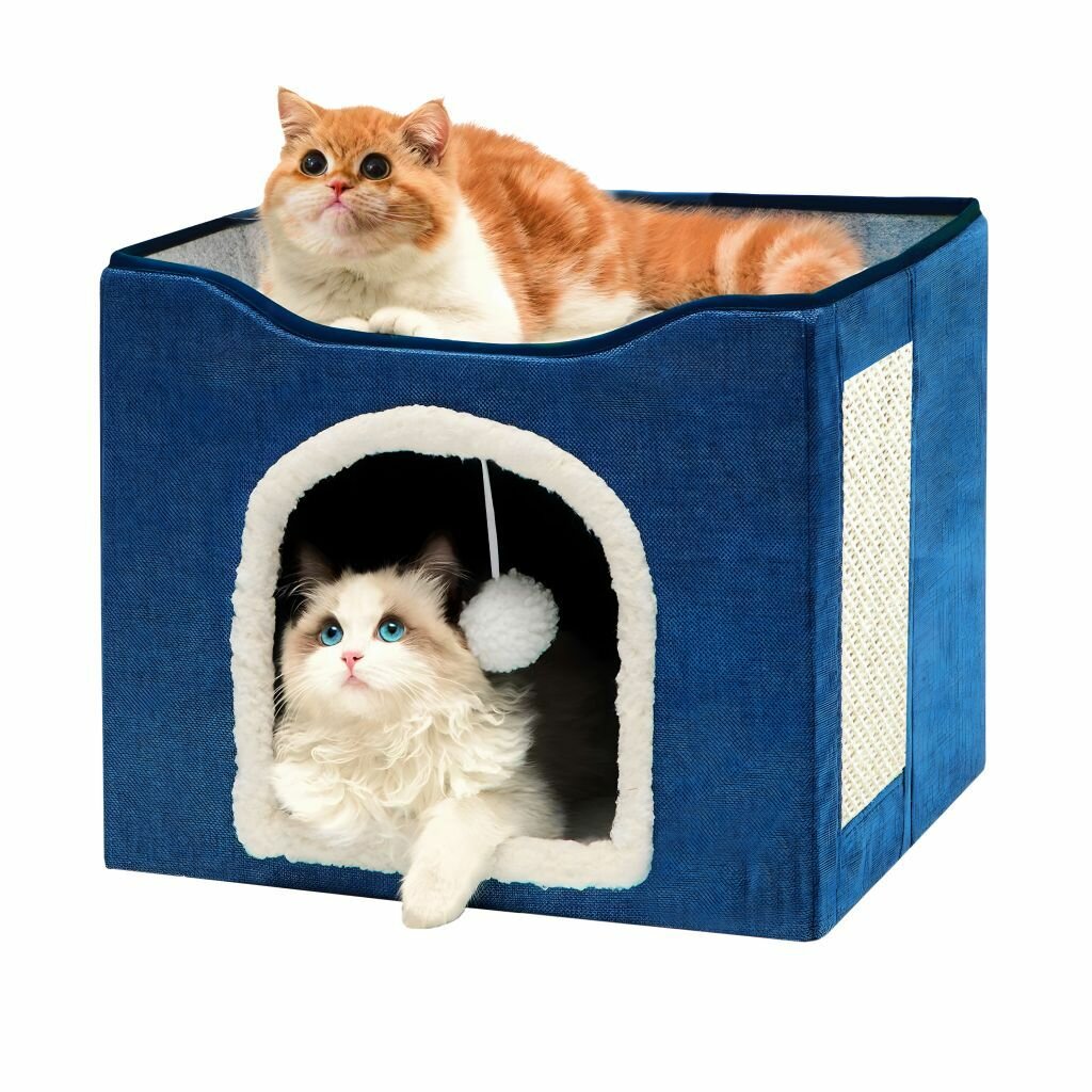 Домик трансформер двухэтажный с лежанкой, когтеточкой и игрушкой для животных, кошек и мелких пород собак, синий