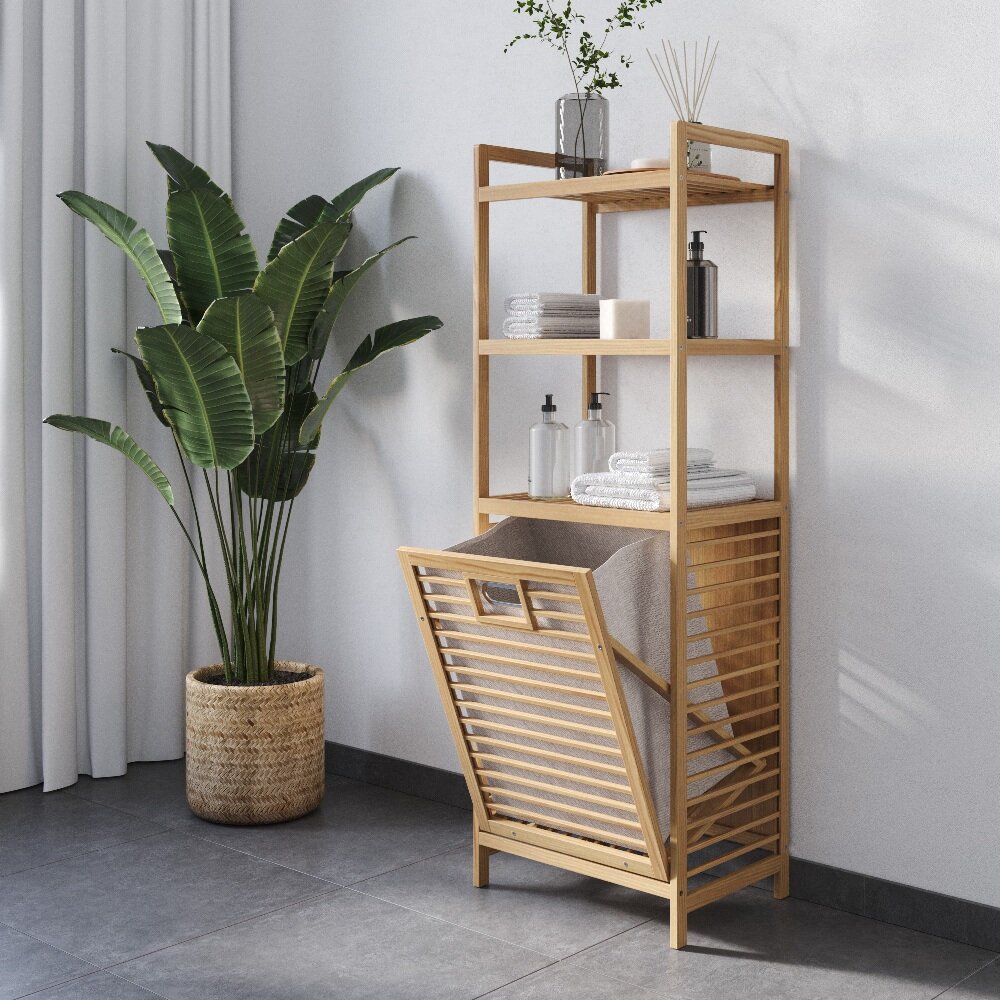 фото Этажерка для ванной из бамбука с корзиной для белья Bambuchka, размер 40x30x120 см