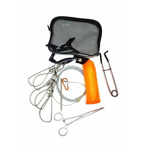 фото Кукан с металлическим тросом на 5 карабинов в сумочке + зевник + экстрактор lara fishing