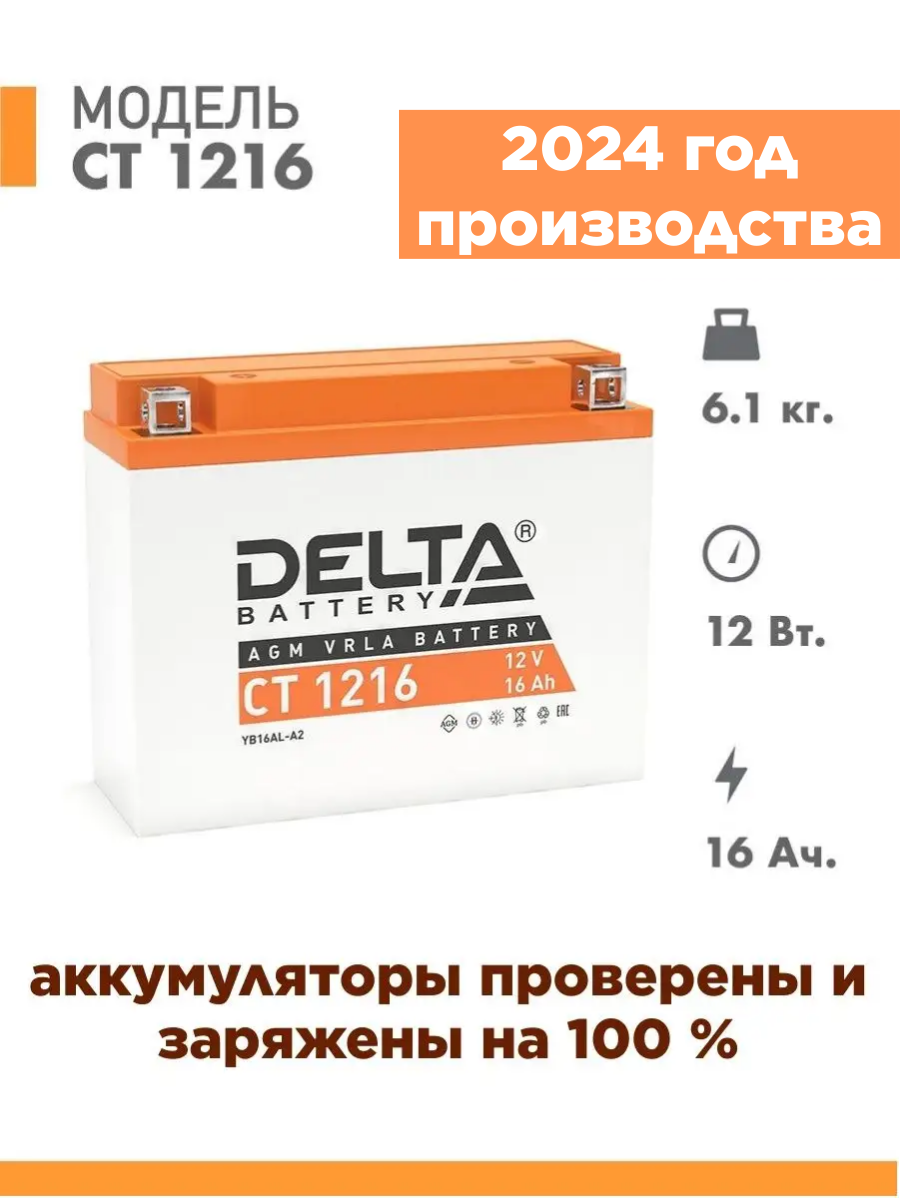 Аккумулятор для мототехники Delta CT 1216 (12V / 16Ah) (YB16AL-A2)