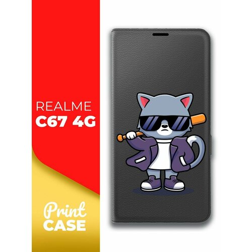 Чехол на Realme C67 4G (Реалми С67 4г) черный книжка эко-кожа подставка отделением для карт и магнитами Book case, Miuko (принт) Котик с Битой чехол на realme c67 4g реалми с67 4г черный книжка эко кожа подставка отделением для карт и магнитами book case miuko принт мишка смартфон