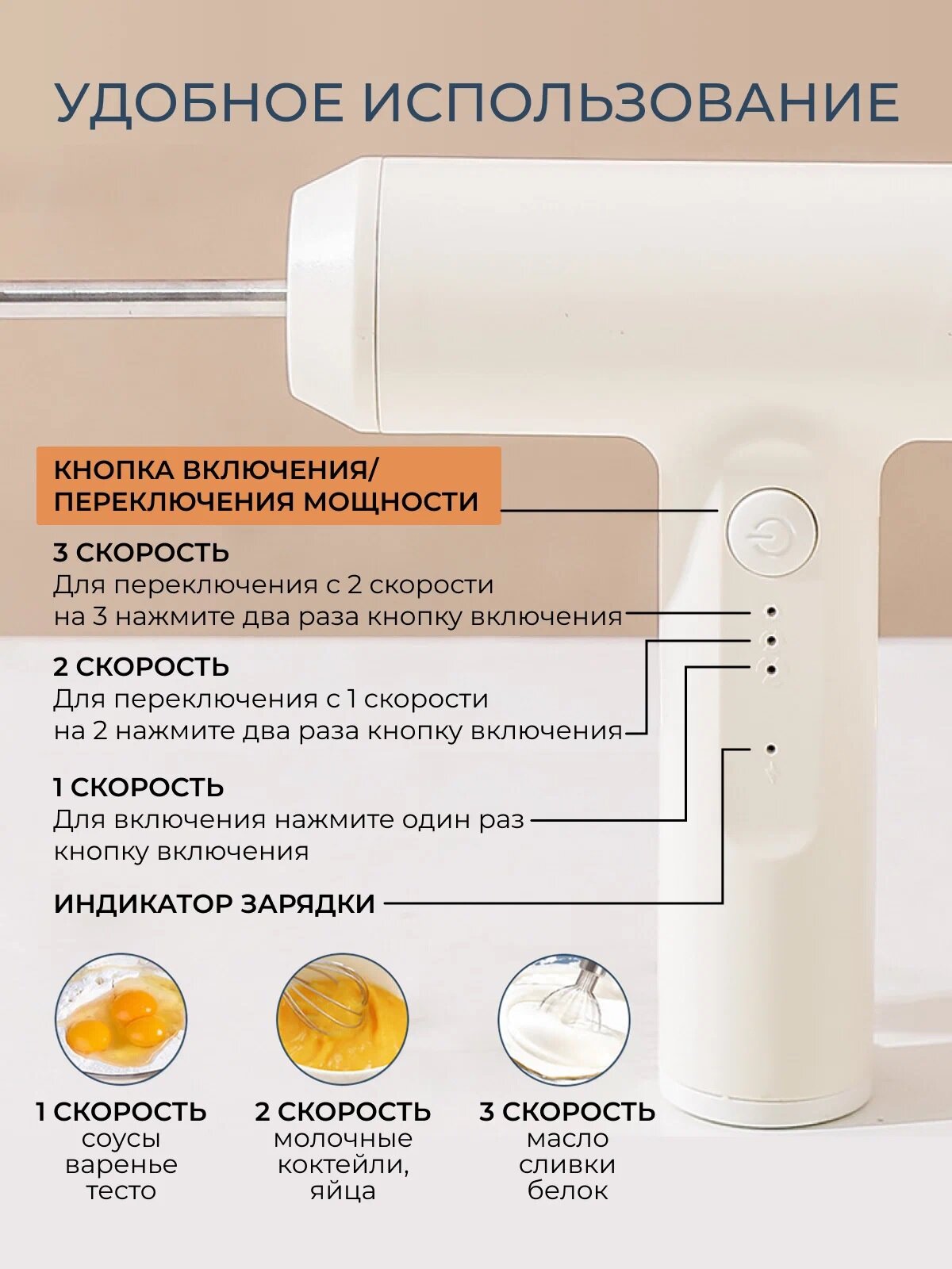 Беспроводной портативный миксер, 3 скорости.