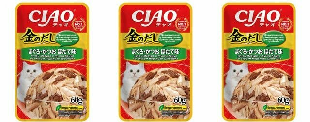 Inaba Пауч для кошек тунец магуро и тунец кацуо со вкусом морского гребешка в желе Ciao Kinnodashi 60 г , 3 шт