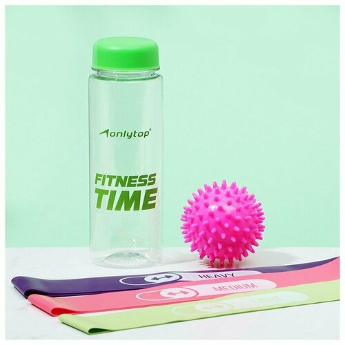 Набор для фитнеса ONLYTOP «На тренировке»: 3 фитнес-резинки, бутылка для воды, массажный мяч (комплект из 2 шт)