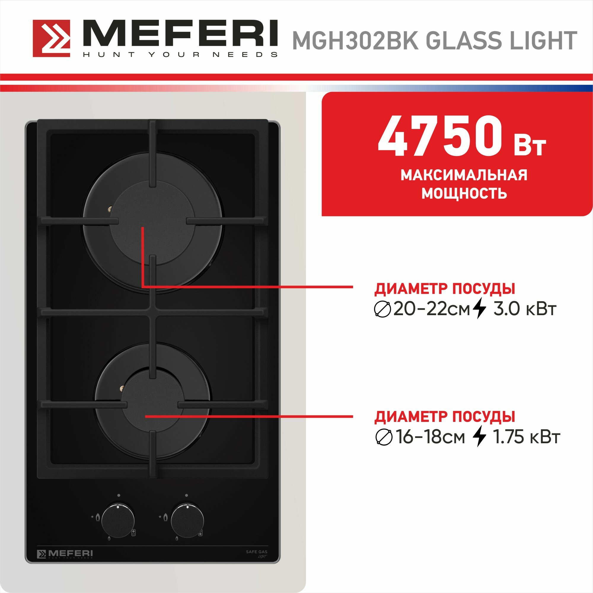 Газовая варочная панель MEFERI MGH302BK GLASS LIGHT, автоподжиг, газ-контроль, черное стекло - фотография № 4