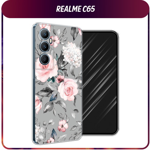 Силиконовый чехол на Realme C65 / Реалми С65 Розы на сером