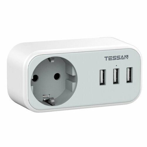 TESSAN TS-329 Grey Сетевой фильтр с 1 розеткой 220В и 3 USB портами {80001845}