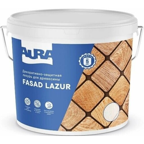 Декоративно-Защитная Лазурь для Древесины Aura Fasad Lazur 09л Орех Защищает от Плесени и Гнили Аура 599₽