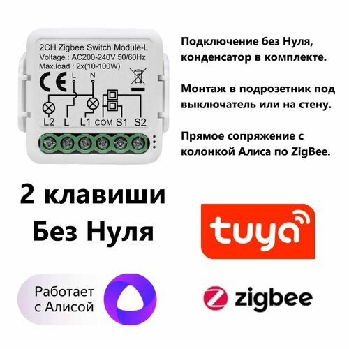 Реле питания для света в подрозетник Tuya ZigBee 2 кнопки Алиса без Нуля 164900₽