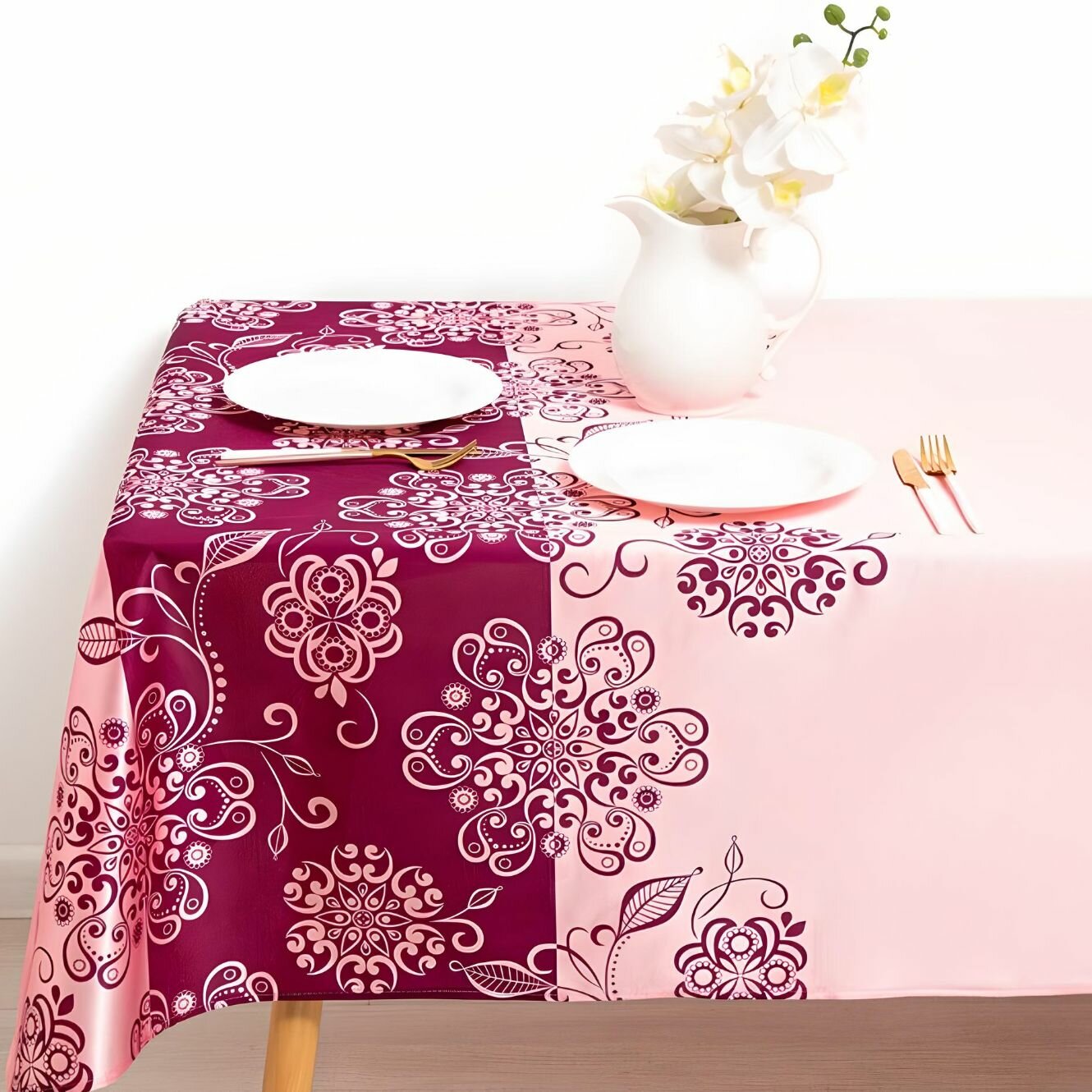 Скатерть на стол 140х210 праздничная прямоугольная трикот розовая