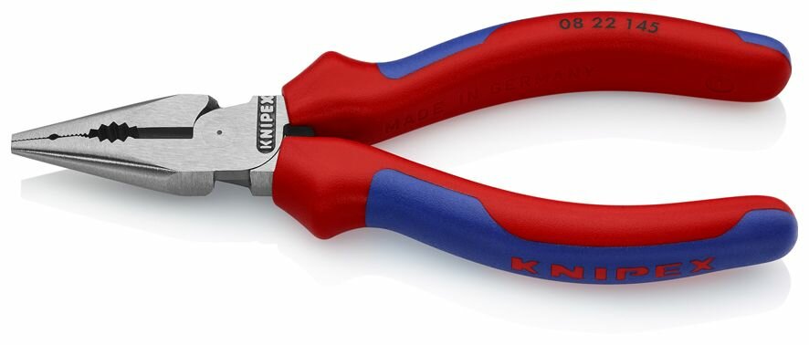 Плоскогубцы KNIPEX комб. острокон. с удл. губками, рез: провол. ср. d 3 мм, твёрд. d 2 мм, кабель d 8 мм, L-145 мм, чёрн, 2К ручки KN-0822145