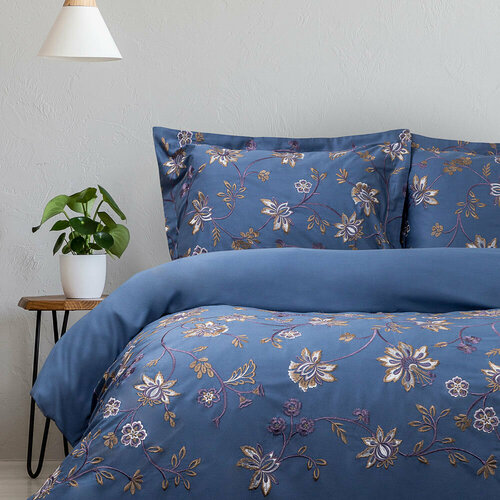BY COLLECTION Комплект постельного белья с вышивкой евро 100 хлопок синий 10761₽