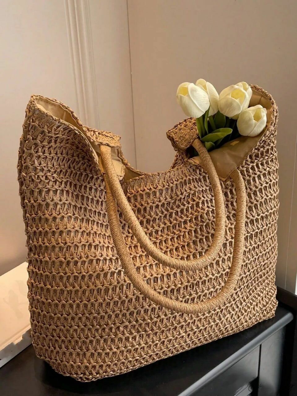 фото Сумка большая соломенная плетеная пляжная тоут