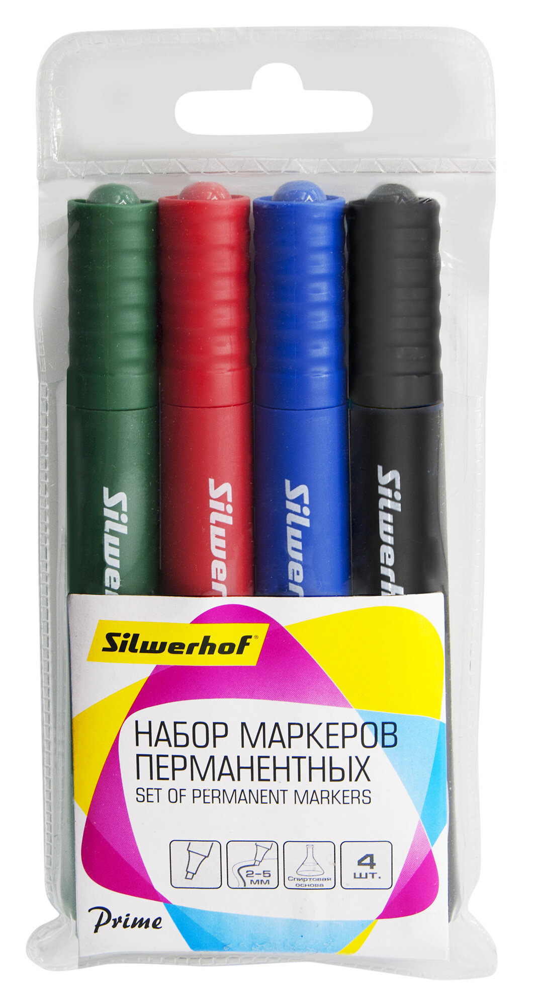 Набор маркеров перманентных Silwerhof Prime скошенный пиш. наконечник 2-5мм 4цв. пакет с европодвесом 12 шт.