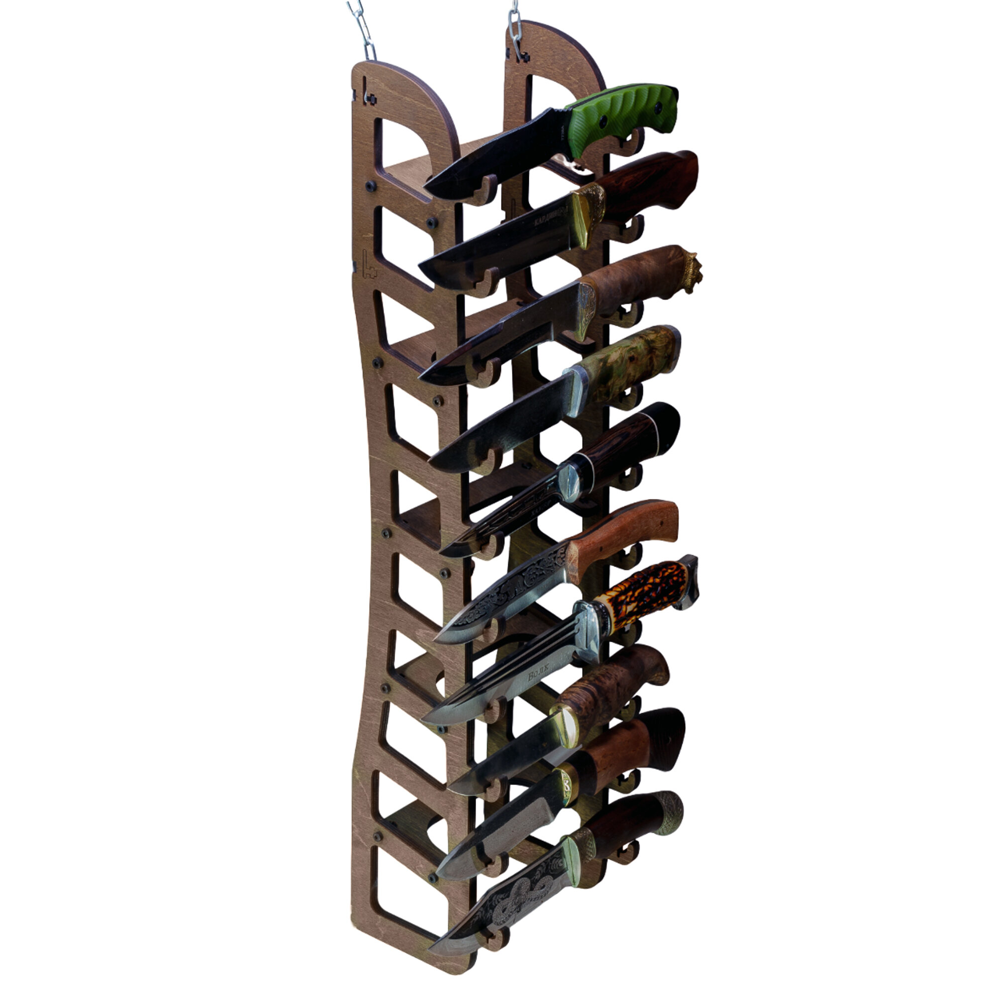 Картинки Подставка настенная для коллекционных ножей. 10 слотов с ножнами. Коричневая.