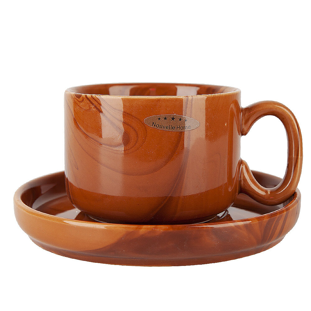 Чашка с блюдцем фарфоровые "Wooden Grain", 200 мл, коричневая, для СВЧ и ППМ, Nouvelle — фото 1