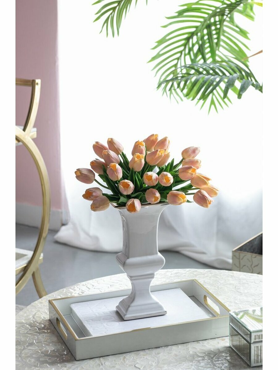 1716 Ваза настольная 16x11x30см, керамика, белая с золотом, Glasar