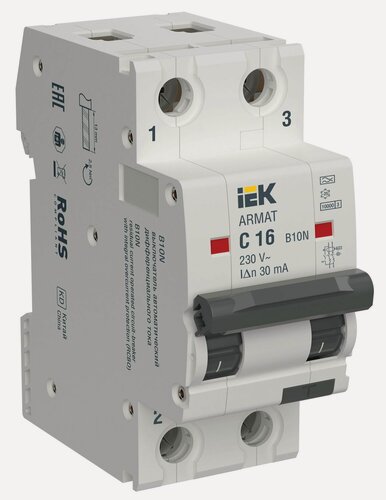 Изображение товара Автоматический выключатель IEK ARMAT АВДТ B10N 2P C16, 30мА тип A, 16А, 10кА, 220В, 2 полюса, IP20